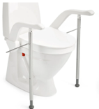 Två armstöd med toalettring och lock med två ben som går ner till golvet, armstöden är monterade på en golvstående toalett.