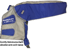Halv jacka med en grå bröstkorgsdel och en blå ärm. Längs med halvjackans sida löper en slangbunt. Det finns en dragkedja längs med ärmens undersida, mellan ärm och bröstkorg, samt mitt på bröstkorgen.