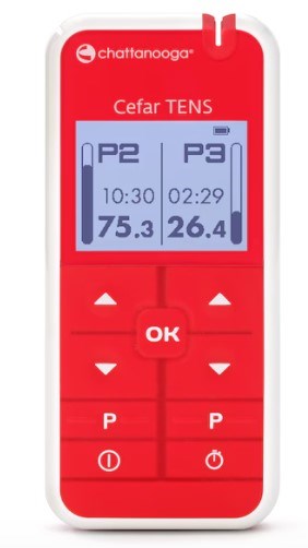 Röd TENS stimulator. Utgång för 2 kablar. Digital display. Knappar med nivåskillnad mellan varandra. 