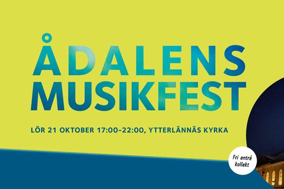Texten Ådalens musikfest mot en gul bakgrund med en blå banner nertill.
