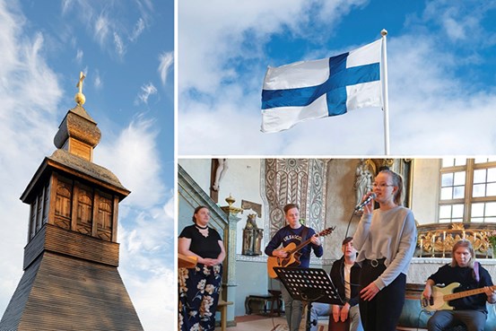 Ett kollage av bilder på deltagare som spelar och sjunger i en kyrka, ett kyrktorn och den finska flaggan mot en blå himmel.