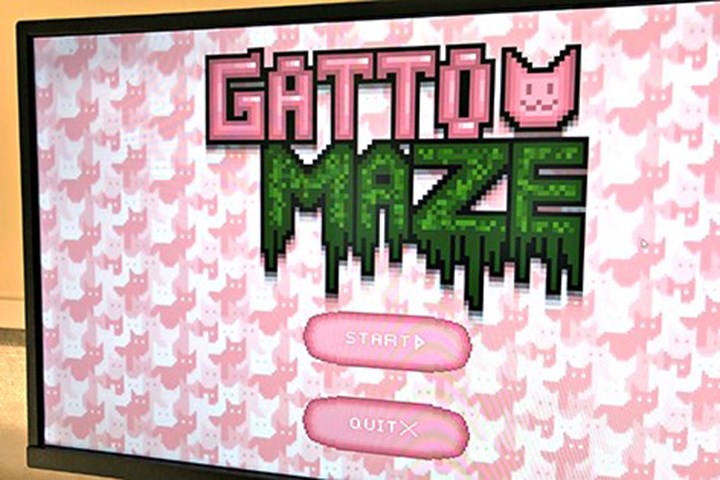 En bildskärm med texten Gatto Maze mot en bakgrund av illustrerade rosa katter.