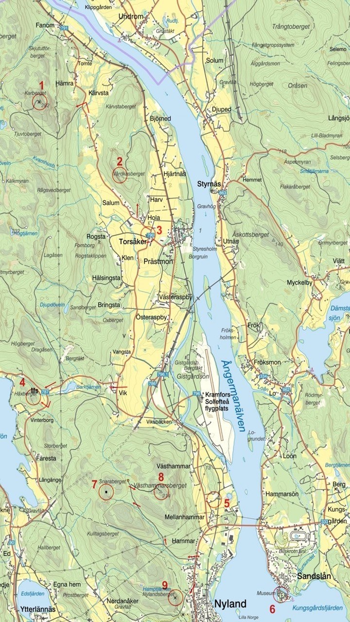 Karta över Hola folkhögskolan närområde med nio platser utmarkerade.