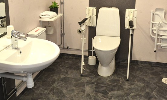 Vit tvättställ och vit toalettstol med armstöd på båda sidor. 