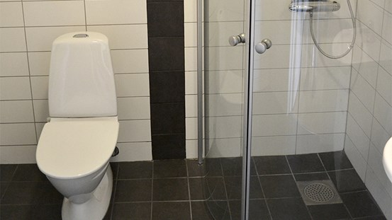 Toalettstol och duschkabin. 