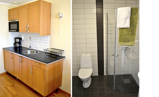 Kollage med ett kök med skåp, diskbänk med kaffebryggare, mikro och diskställ samt ett badrum med toalett och dusch.