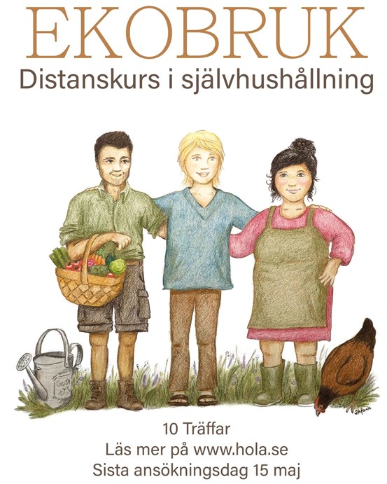 Tre illustrerade personer står med en korg med grönsaker tillsammans med texten Ekobruk distanskurs i självhushållning.