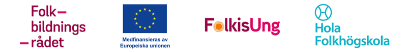 Logotyp för Folbildningsrådet, EU, projektet FolkisUng och Hola folkhögskola.exten FolkisUng.