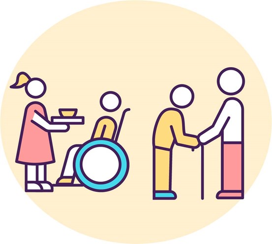 En kvinna serverar mat till en person i rullstol, en man hjälper en person som går med käpp.