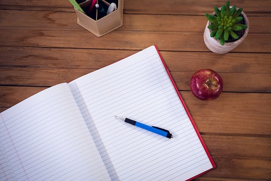 En skrivbok och en penna ligger på ett bord bredvid ett äpple och en grön krukväxt.