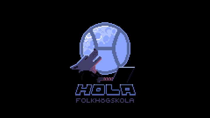 Pixelart - Varg som ylar mot Hola-loggan.