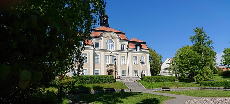 Skolan omringad av ett grönområde.