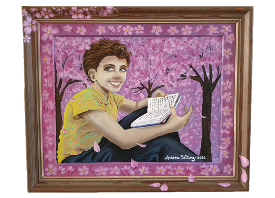 En färgglad målning av Majken Johansson som sitter och håller i en bok omringar av rosa körsbärsträd och körsbärsblommor.