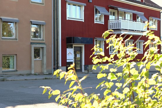 Ingången till skolans andra byggnad Annexet i bakgrunden och en grön buske i förgrunden.