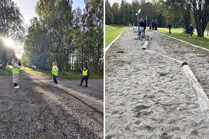 Ett kollage av två bilder där några personer hoppar hopprep tillsammans och några personer gör en hinderbana utomhus.