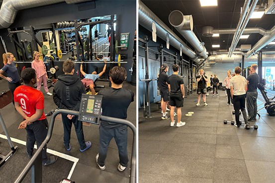 Ett kollage av två bilder där ett par personer pratar inför en mindre grupp i ett gym.