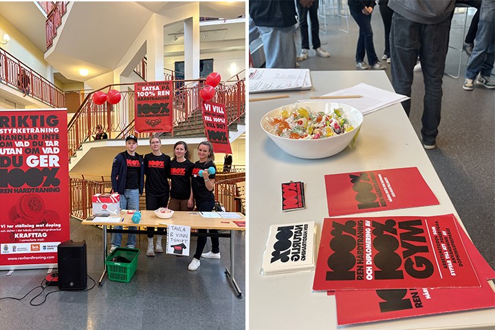 Ett kollage av två bilder där en grupp deltagare poserar på bild med material om antidoping och ett bord med godis och mässmaterial kring ämnet.