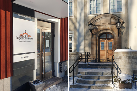 Kollage med en bild på två entrédörrar på två olika hus samt en skylt med texten Örnsköldsviks folkhögskola Annexet.