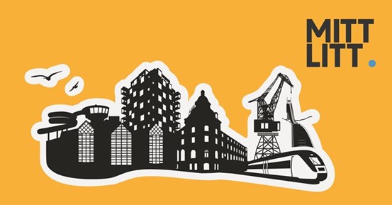 Illustrationer av kända byggnader i Örnsköldsvik mot en gul bakgrund och Mittlitts logotyp i svart.