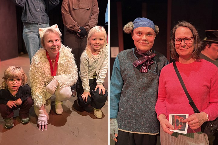 Ett kollage av två bilder där varsin person iklädd kattdräkt poserar med barn och vuxna teaterbesökare.