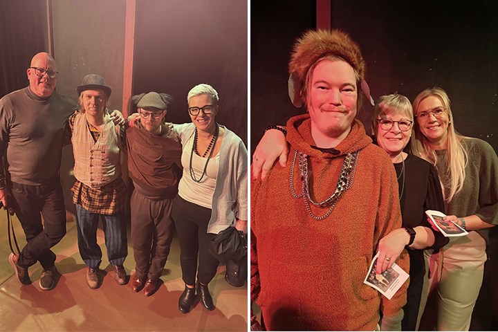 Ett kollage av två bilder där tre personer iklädd kattdräkt poserar med teaterbesökare.