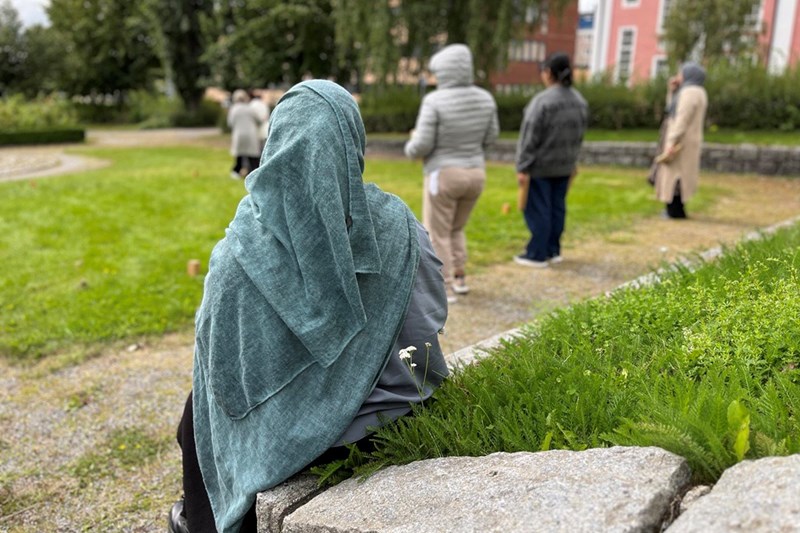 EN grupp deltagare spelar kubb ute i Rådhusparken.