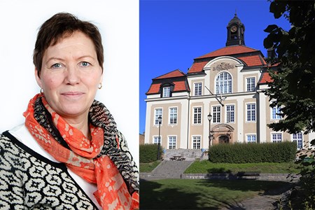 Ett kollage med ett porträtt av Ylva Hardeson och Örnsköldsviks folkhögskolas fasad bredvid varandra.