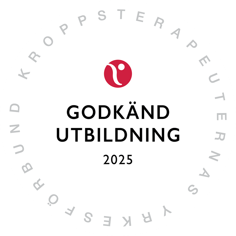 Kroppsterapeuternas Yrkesförbunds sigill med svart text och röd symbol.