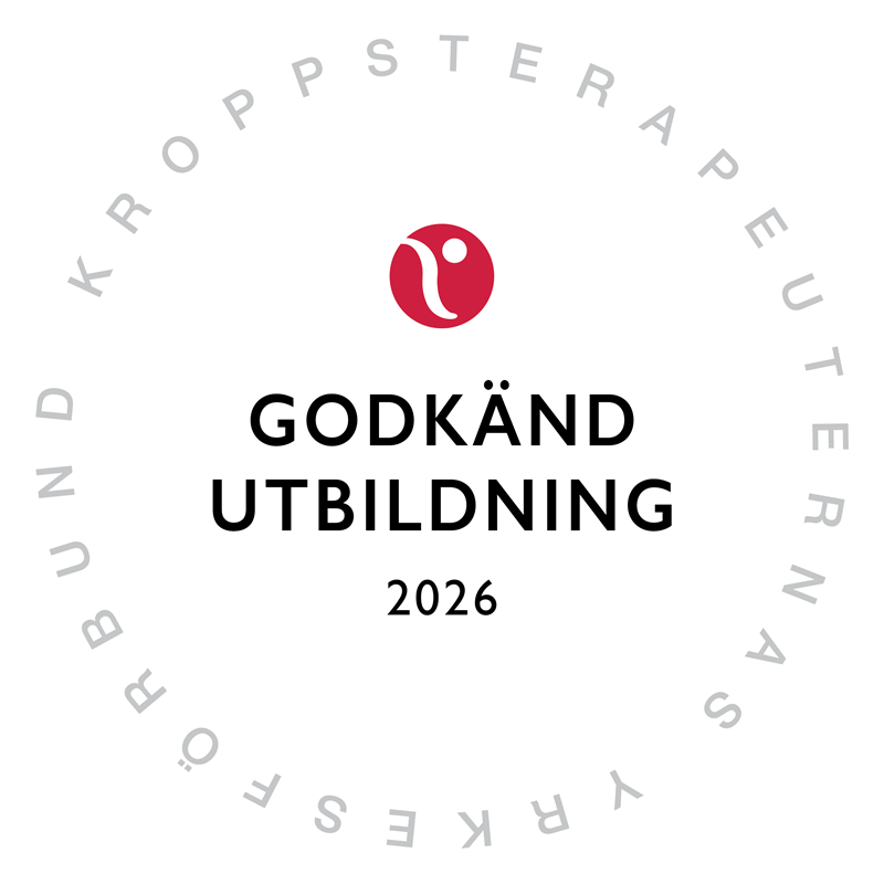 Kroppsterapeuternas Yrkesförbunds sigill med svart text och röd symbol.