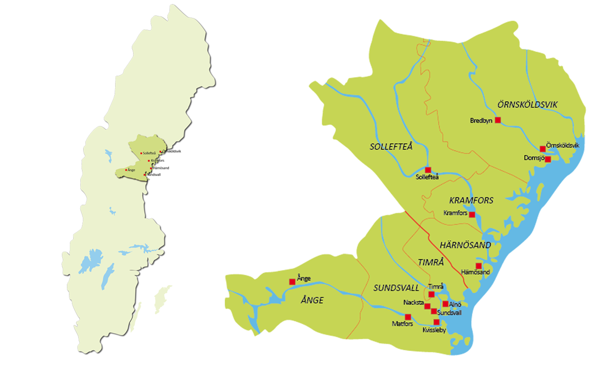 alt='Sverigekarta med Regin Västernorrland och Folktandvårdens 13 kliniker.'