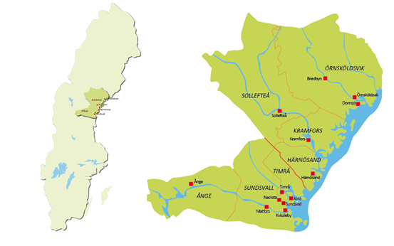 Sverigekarta med Regin Västernorrland och Folktandvårdens 13 kliniker.