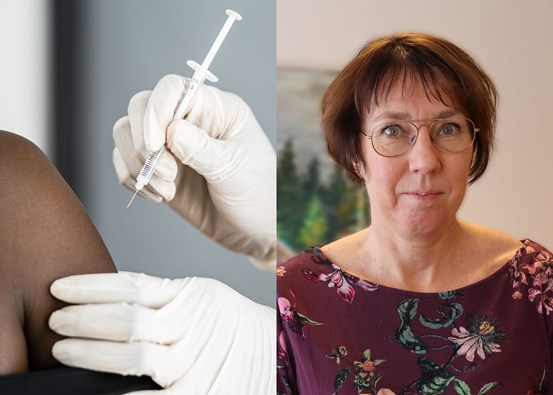 Axel med vaccinationsspruta och Karin Sellgren
