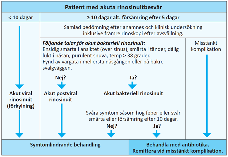 Bild visar bedömningar som ska göras av symtom och behandling av akuta rinosinuitbesvär