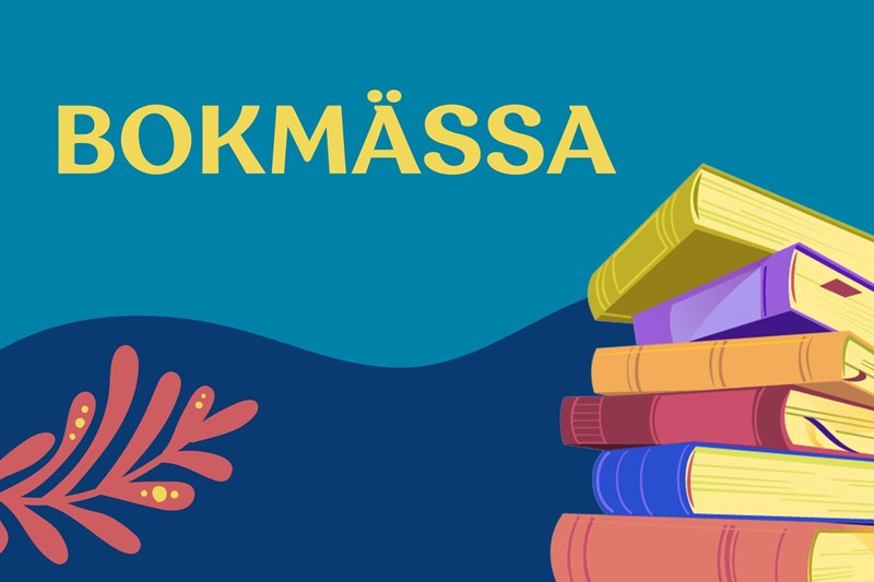 Illustration. Texten bokmässa i gult. En hög böcker till höger, till vänster en kvist med blad. Bakgrund i två blå fält.