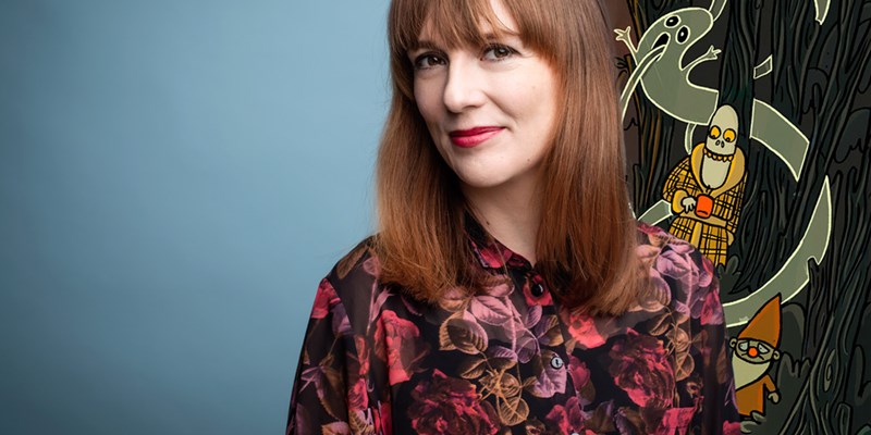 Foto, porträtt av Jonna Björnstjerna med inklippta illustrationer till höger. .