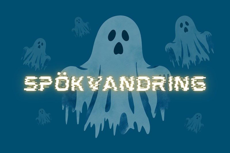 Illustration. Ett spöke och texten
