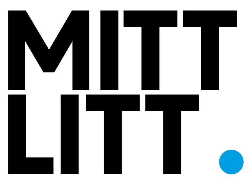 Mittlitt märke - svart text och blått punktum