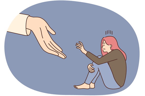 En stor utsträckt hand närmar sig en ung person som sitter ned.